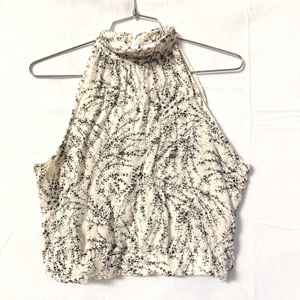 Jill Stuart Silk Halter Silk Top M White Black Botanical Branch Print Mock Neck